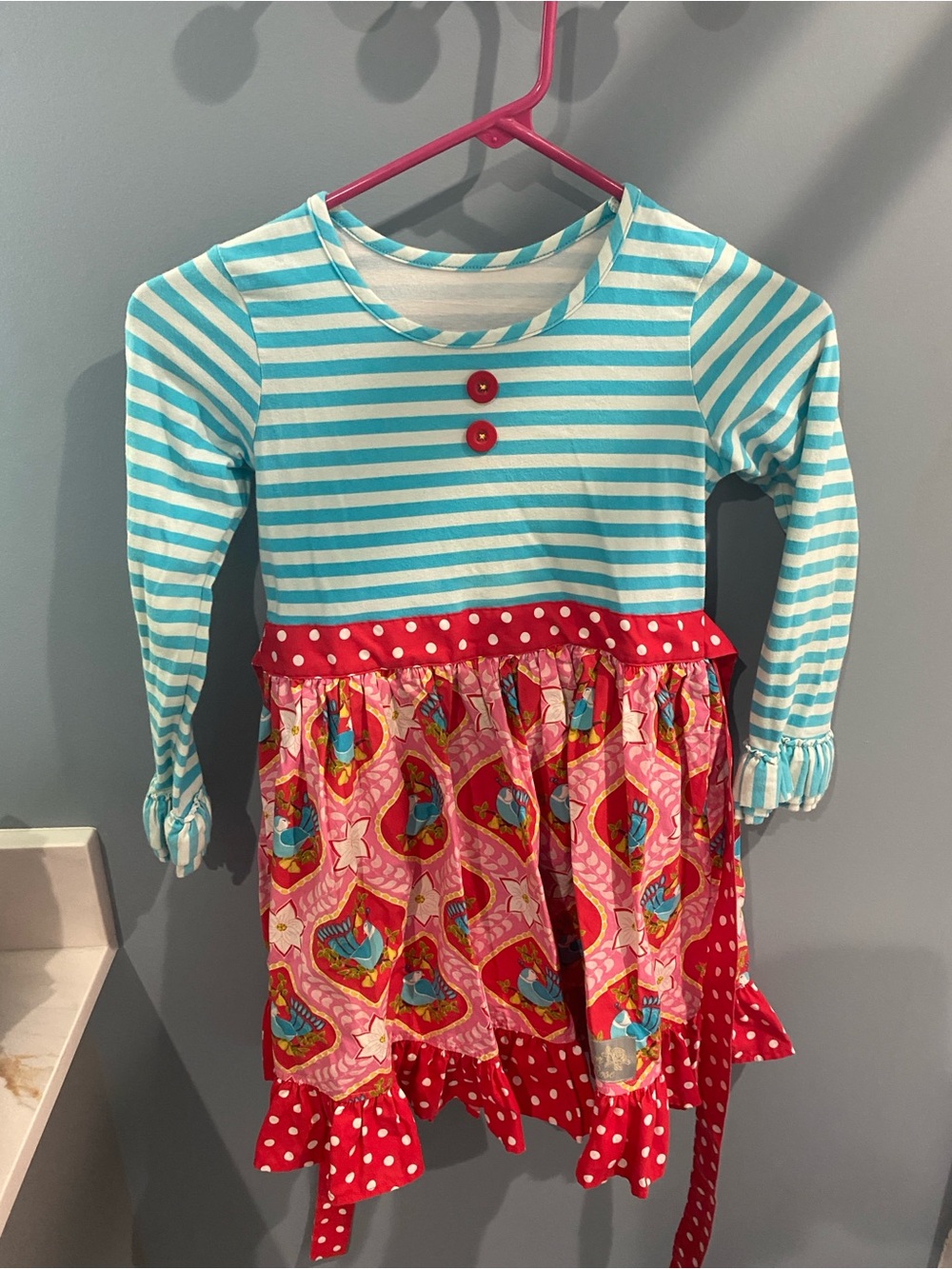 Eleanor Rose Aqua Stripe and Red Polka-Dot Mixed Print Dress 7/8